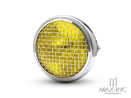 7.7" Chrome Universal Metal Classic Yellow Lens Headlight + Mesh Grill
