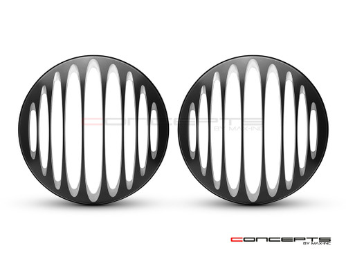 Prison Bar Design 7" Black + Contrast Cut CNC Aluminum Headlight Guard Covers - Pair