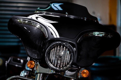 Prison Bar Design 7" Black + Contrast Cut CNC Aluminum Headlight Guard Cover