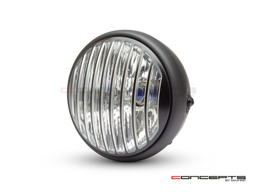 7.7" Matte Black Metal Headlight + Contrast Cut Vent Grill - 12v / H4 / 55w