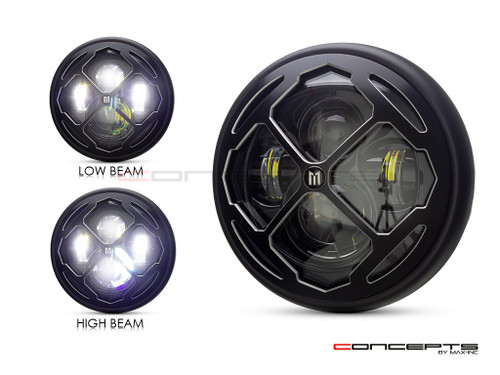 7.7" Matte Black + Contrast Multi Projector LED Headlight + Rukis Grill Cover