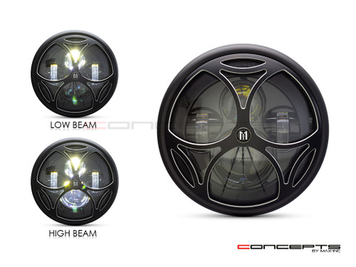 7.7" Matte Black + Contrast Multi Projector LED Headlight + Tri-Maltese Grill Cover
