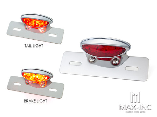 Chrome Oval LED Stop / Tail Light + License Plate Holder - Red Lens