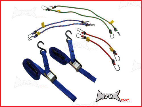 Motorcycle Tie Down Strap & Bungee Cord Set - 8 Pieces