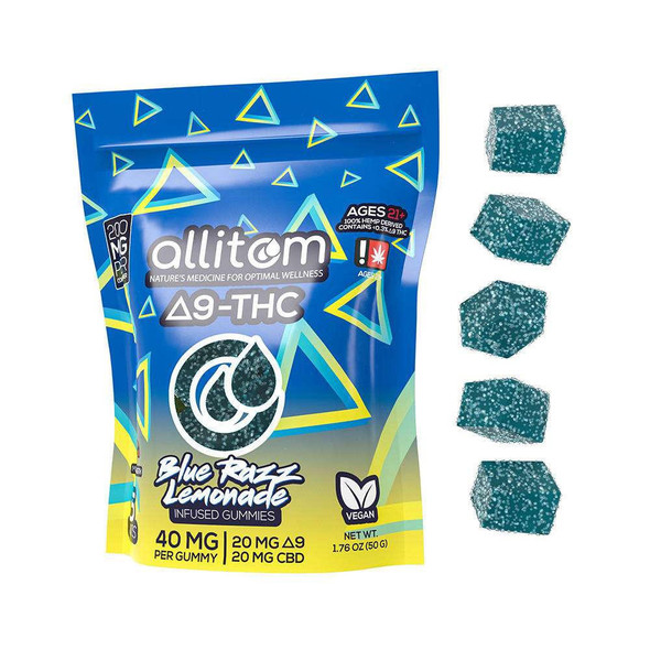  allitom Delta-9 THC Vegan Blue Raspberry Lemonade Gummies (5pcs, 20mg D9 & 20mg CBD) 