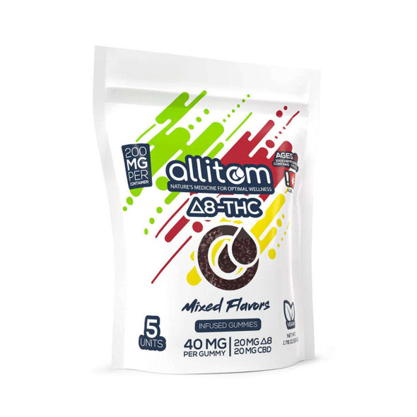  allitom Delta-8 THC Vegan Mixed Flavor Gummies (5pcs, 20mg D8 & 20mg CBD) 