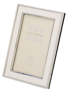 Sixtrees 2-103-46 Abbey White Polished Silver photo frame with lacquered gloss metal insert for a 6" x 4" photo.