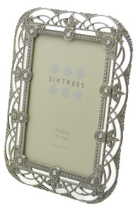 Sixtrees Alice Antique Vintage and Shabby Chic Style silver metal photo frame with beads and crystals effect for a 6" x 4"  picture.