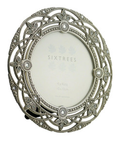 Sixtrees Helena Antique Vintage and Shabby Chic Style silver metal photo frame with beads and crystals for a 4" (102mm diameter) picture.