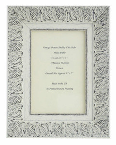 Lille 007  Handmade 6x4 inch Shabby Chic Photo Frame in Ornate Distressed White and Dark Grey Embossed Pattern.