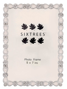 Antonia cast metal 5 x 7 inch photo frame featuring floral detailing, sparkling crystal-style accents and soft pearl-effect teardrop embellishments.