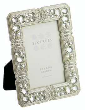 Sixtrees Maud Antique Vintage and Shabby Chic Style silver metal photo frame with beads and crystals for a 3.5" x 2.5" picture.