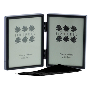 Sixtrees Cambourne 3-400-02 Black Metal Folding Photo Frame for two 3x2 inch  (76mm x 51mm) Pictures - Complete with microfibre polishing cloth.
