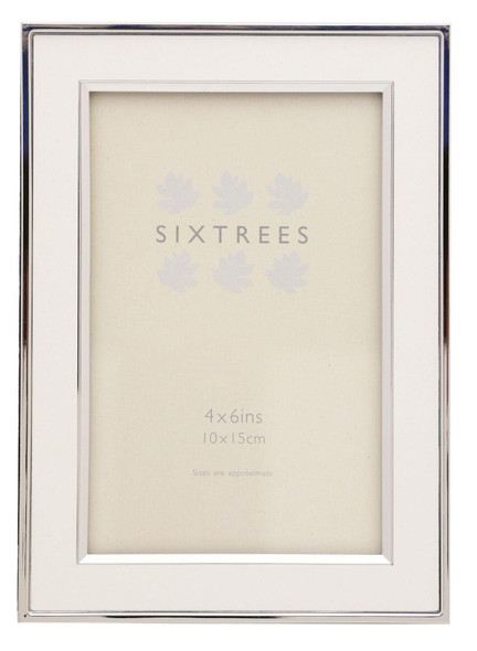 Sixtrees 2-103-46 Abbey White Polished Silver photo frame with lacquered gloss metal insert for a 6" x 4" photo.