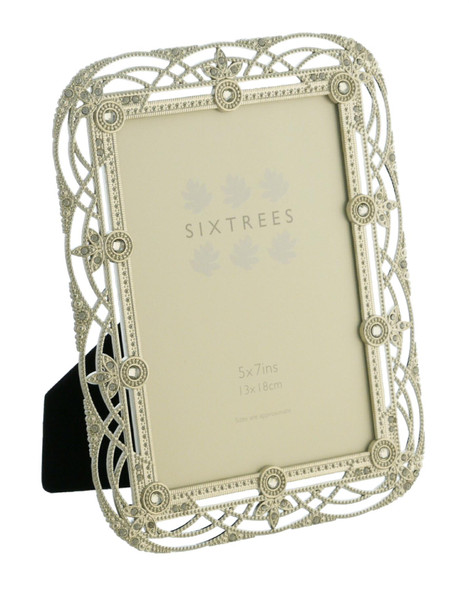 Sixtrees Alice Antique Vintage and Shabby Chic Style silver metal photo frame with beads and crystals effect for a 7" x 5" picture. Sixtrees Alice Antique Vintage and Shabby Chic Style silver metal photo frame with beads and crystals effect for a 7" x 5" picture.