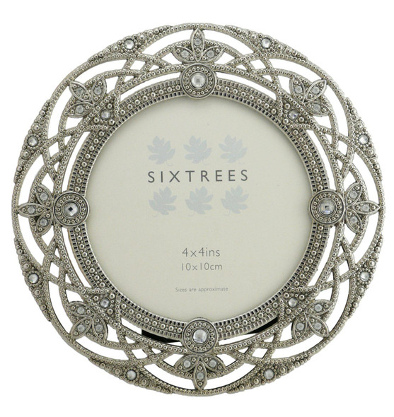 Sixtrees Helena Antique Vintage and Shabby Chic Style silver metal photo frame with beads and crystals for a 4" (102mm diameter) picture. Sixtrees Helena Antique Vintage and Shabby Chic Style silver metal photo frame with beads and crystals for a 4" (102mm diameter) picture.