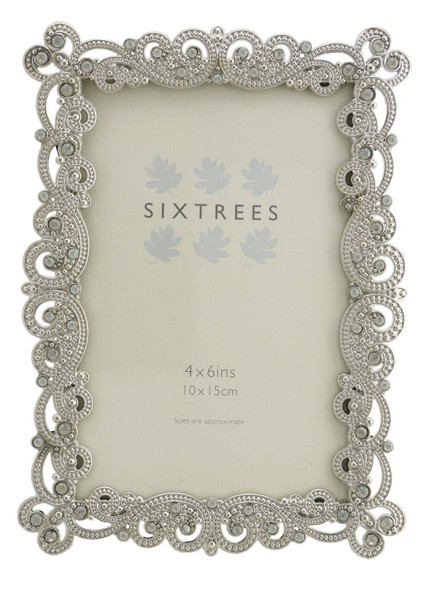 Sixtrees Matilda Antique Vintage and Shabby Chic Style silver metal photo frame with beads and crystals for a 6" x 4" picture. Sixtrees Matilda Antique Vintage and Shabby Chic Style silver metal photo frame with beads and crystals for a 6" x 4" picture.