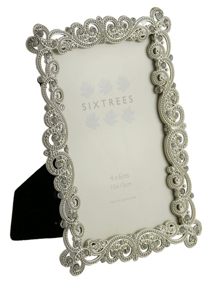 Sixtrees Matilda Antique Vintage and Shabby Chic Style silver metal photo frame with beads and crystals for a 6" x 4" picture. Sixtrees Matilda Antique Vintage and Shabby Chic Style silver metal photo frame with beads and crystals for a 6" x 4" picture.