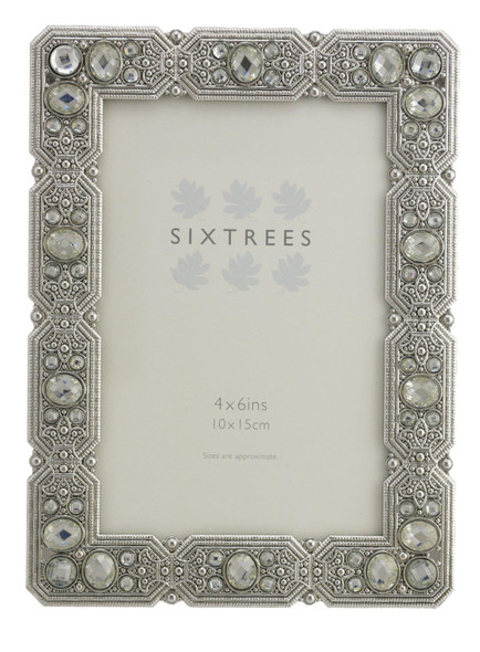 Sixtrees Maud Antique Vintage and Shabby Chic Style silver metal photo frame with beads and crystals for a 6" x 4" picture. Sixtrees Maud Antique Vintage and Shabby Chic Style silver metal photo frame with beads and crystals for a 6" x 4" picture.