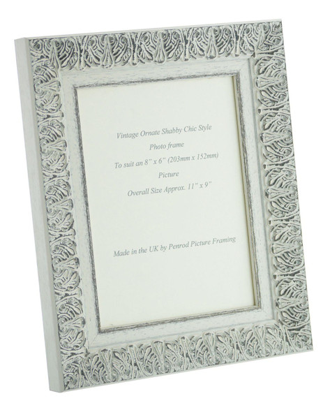 Lille 007  Handmade 8x6 inch Shabby Chic Photo Frame in Ornate Distressed White and Dark Grey Embossed Pattern.