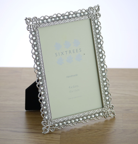 Sixtrees Adelaide Antique Vintage and Shabby Chic Style silver metal 4 x 6 inch photo frame with beads and crystals