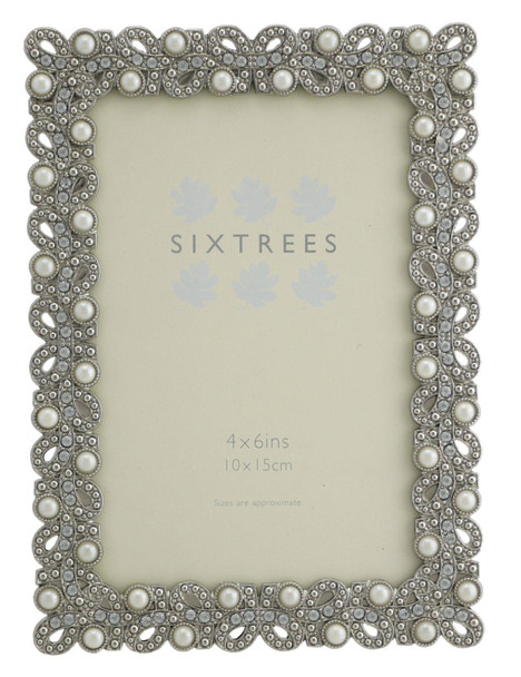 Sixtrees Beatrice Antique Vintage and Shabby Chic Style silver metal photo frame with beads and crystals effect for a 6" x 4" (152 x 102mm) picture.