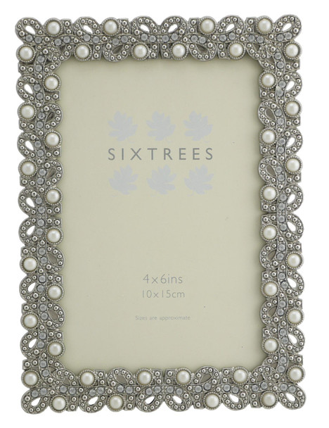 Sixtrees Beatrice Antique Vintage and Shabby Chic Style silver metal 5 x 7 inch photo frame with pearels and crystals.