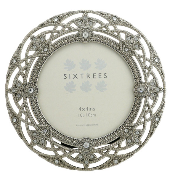Sixtrees Helena Antique Vintage and Shabby Chic Style silver metal photo frame with beads and crystals for a 4" (102mm diameter) picture.