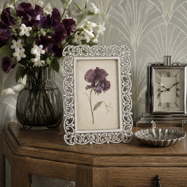 Sixtrees Sophia Antique Vintage and Shabby Chic Style silver metal and white enamel 4 x 6 inch photo frame with beads and crystals.