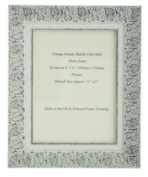 Lille 007  Handmade 8x6 inch Shabby Chic Photo Frame in Ornate Distressed White and Dark Grey Embossed Pattern.