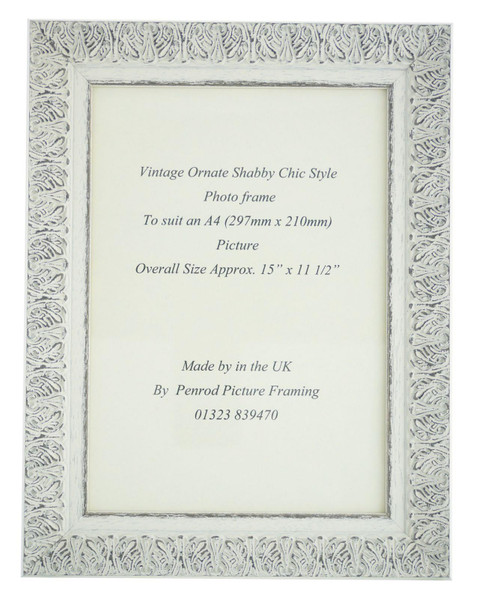 Lille 007  Handmade A4 Shabby Chic Photo Frame in Ornate Distressed White and Dark Grey Embossed Pattern.