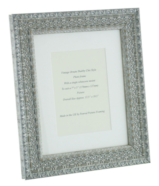 Handmade Ornate Distressed Antique Silver Shabby Chic Vintage Picture Frame with a single mount for a 7" x 5" (178mm x 127mm) Photo