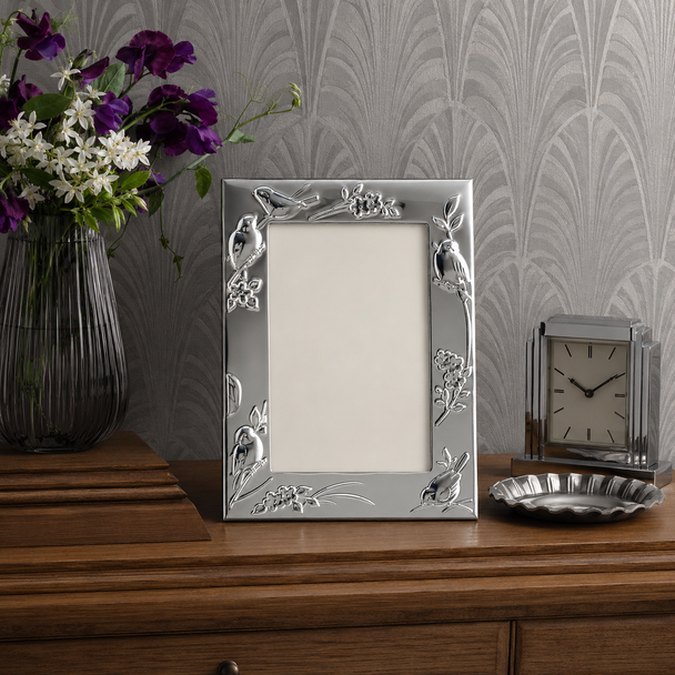 Silver plated 4 x 6 photo frame with decorative birds and floral border by Sixtrees Higgins
