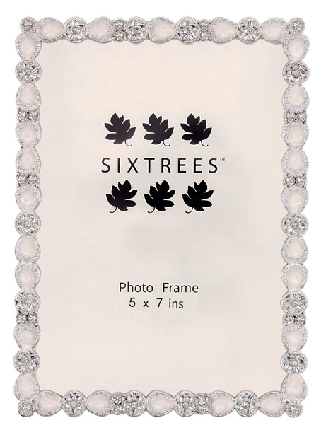 Antonia cast metal 5 x 7 inch photo frame featuring floral detailing, sparkling crystal-style accents and soft pearl-effect teardrop embellishments.
