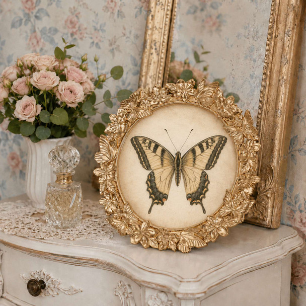 Sixtrees Robin Enchanting Golden Butterfly & Floral Circular Photo Frame 5 inch Circular