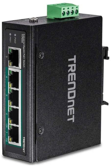 TRENDnet 5-Port Hardened Industrial Unmanaged Gigabit Switch; TI-PG50; 10/100/1000Mbps; DIN-Rail Switch; 4 x Gigabit PoE+ Ports; 1 x Gigabit Port; Gigabit Ethernet Network Switch; Lifetime Protection