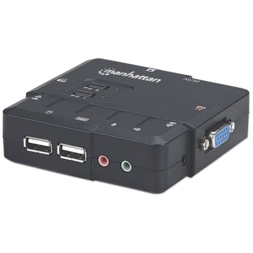 Manhattan KVM Switch Compact 2-Port, 2x USB-A, Cables included, Audio Support, Control 2x computers from one pc/mouse/screen, Black, Boxed