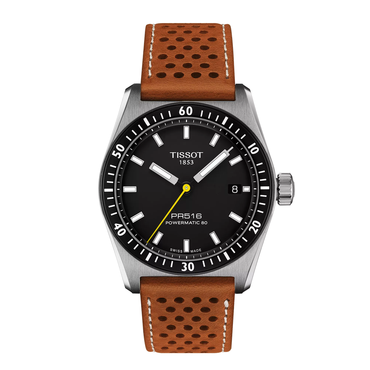 Tissot PR516 Powermatic 80 38 mm Black Dial Brown Leather Strap