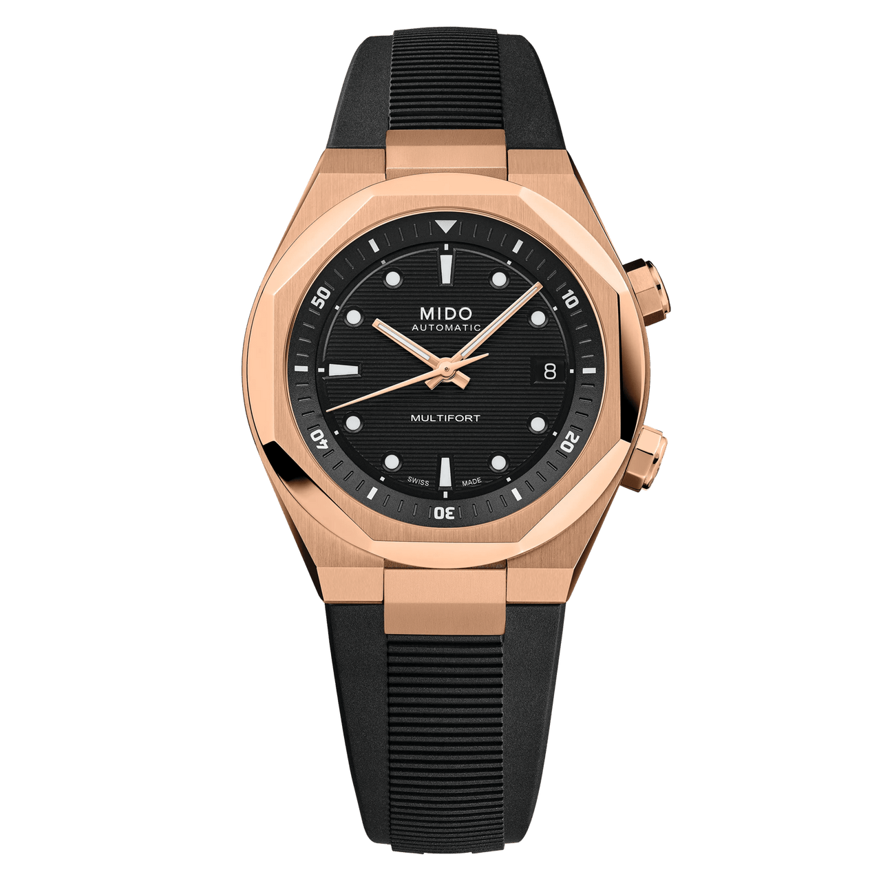 Mido Multifort 8 Two Crowns 40 mm Black Dial Rose Gold PVD Black