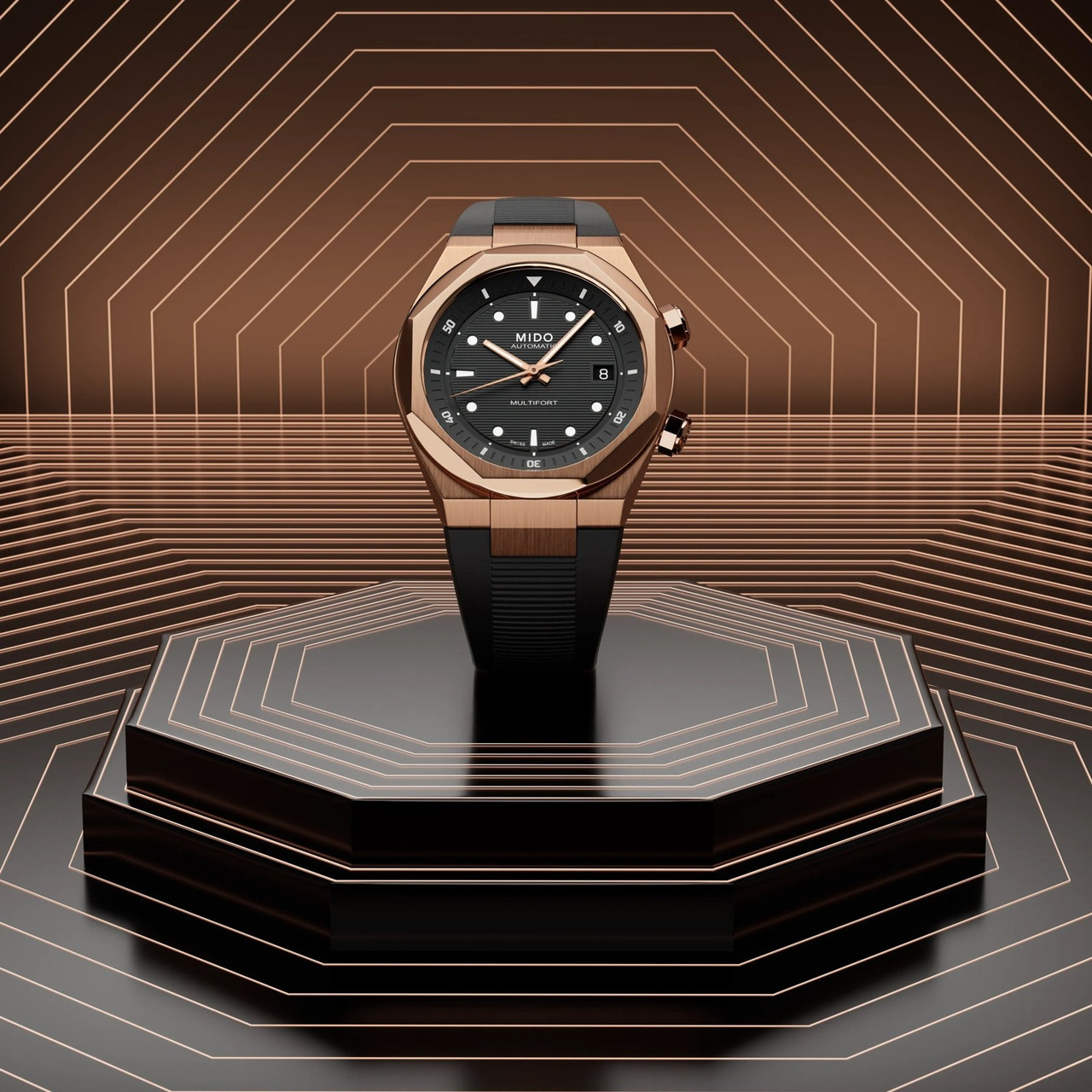 Mido Multifort 8 Two Crowns 40 mm Black Dial Rose Gold PVD Black Rubber ...