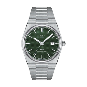 Front view: Tissot PRX Powermatic 80 T137.407.11.091.00 with green dial and integrated stainless-steel bracelet.
 Front view: Tissot PRX Powermatic 80 T137.407.11.091.00 with green dial and integrated stainless-steel bracelet.