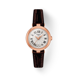 Front View: Tissot Bellissima Small Lady 26 mm with white dial and rose-gold PVD case & brown leather strap.
 Front View: Tissot Bellissima Small Lady 26 mm with white dial and rose-gold PVD case & brown leather strap.