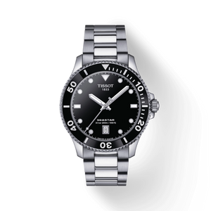 Front View: Tissot Seastar 1000 40 mm with black dial, stainless-steel case and unidirectional bezel.
 Front View: Tissot Seastar 1000 40 mm with black dial, stainless-steel case and unidirectional bezel.