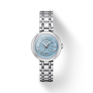 Front View: Tissot Bellissima Small Lady 26 mm with blue mother-of-pearl dial and stainless-steel case & bracelet.
 Front View: Tissot Bellissima Small Lady 26 mm with blue mother-of-pearl dial and stainless-steel case & bracelet.
