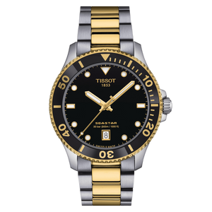 Front View: Tissot Seastar 1000 Quartz 40 mm with black dial and two-tone stainless-steel and yellow-gold PVD case & bracelet.
 Front View: Tissot Seastar 1000 Quartz 40 mm with black dial and two-tone stainless-steel and yellow-gold PVD case & bracelet.