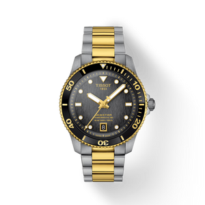 Front view: Tissot Seastar 1000 Powermatic 80 T120.807.22.051.00 with graded grey-black dial and two-tone steel/yellow-gold PVD bracelet.
 Front view: Tissot Seastar 1000 Powermatic 80 T120.807.22.051.00 with graded grey-black dial and two-tone steel/yellow-gold PVD bracelet.
