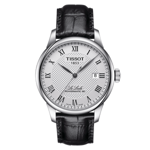 Front View: Tissot Le Locle Powermatic 80 39.3 mm with silver guilloché dial and black leather strap.
 Front View: Tissot Le Locle Powermatic 80 39.3 mm with silver guilloché dial and black leather strap.