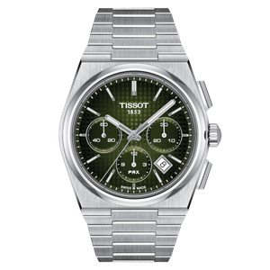 Front view of the Tissot PRX Automatic Chronograph T137.427.11.091.00 with graded green dial and integrated bracelet.