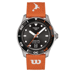 Front view: Tissot Seastar 1000 Powermatic 80 WILSON WNBA Edition T120.807.17.051.00 with black dial and orange rubber strap.
 Front view: Tissot Seastar 1000 Powermatic 80 WILSON WNBA Edition T120.807.17.051.00 with black dial and orange rubber strap.