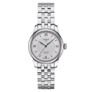 Front View: Tissot Le Locle Automatic Lady 29 mm with silver dial and stainless steel integrated bracelet.